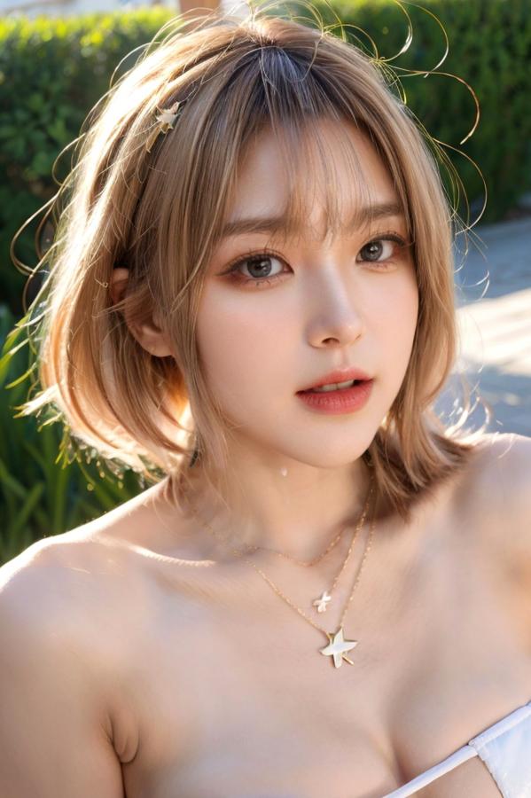   AI美女-拟实-桔色外套白色超小比基尼金色短发美女 阳光泳池度假风户外极品性感写真第33张图片