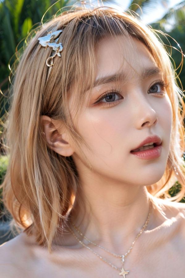  AI美女-拟实-桔色外套白色超小比基尼金色短发美女 阳光泳池度假风户外极品性感写真第34张图片