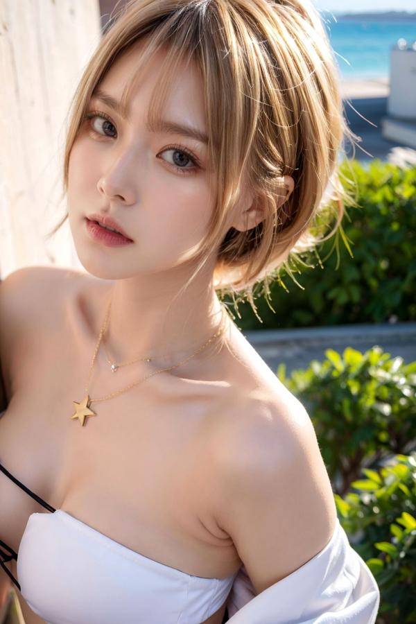   AI美女-拟实-桔色外套白色超小比基尼金色短发美女 阳光泳池度假风户外极品性感写真第45张图片