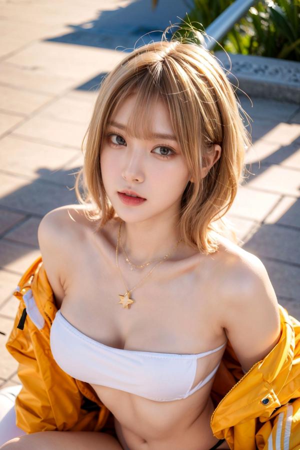  AI美女-拟实-桔色外套白色超小比基尼金色短发美女 阳光泳池度假风户外极品性感写真第53张图片