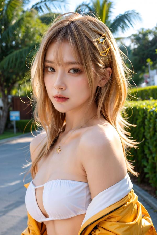   AI美女-拟实-桔色外套白色超小比基尼金色短发美女 阳光泳池度假风户外极品性感写真第70张图片