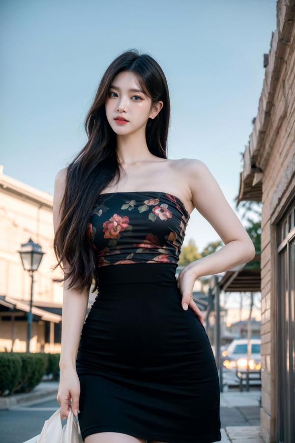   AI美女-拟实-印花抹胸黑短裙时尚修身户外性感街拍写真第2张图片