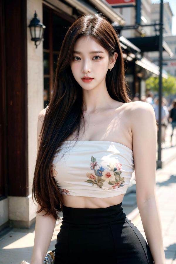   AI美女-拟实-印花抹胸黑短裙时尚修身户外性感街拍写真第5张图片