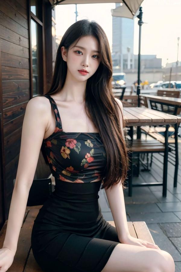   AI美女-拟实-印花抹胸黑短裙时尚修身户外性感街拍写真第9张图片