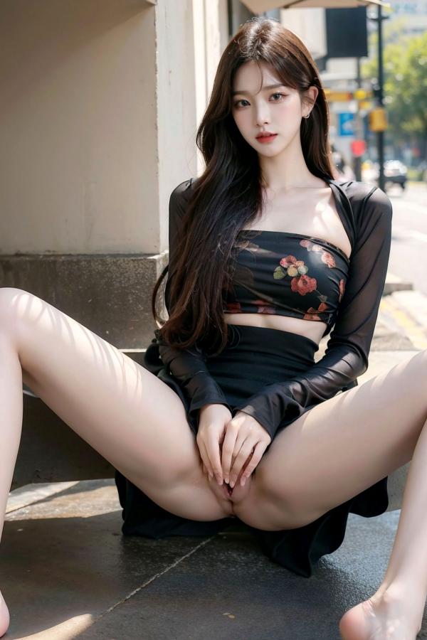  AI美女-拟实-印花抹胸黑短裙时尚修身户外性感街拍写真第10张图片