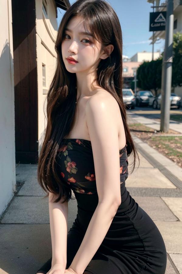   AI美女-拟实-印花抹胸黑短裙时尚修身户外性感街拍写真第12张图片