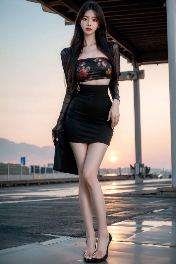   AI美女-拟实-印花抹胸黑短裙时尚修身户外性感街拍写真第13张图片