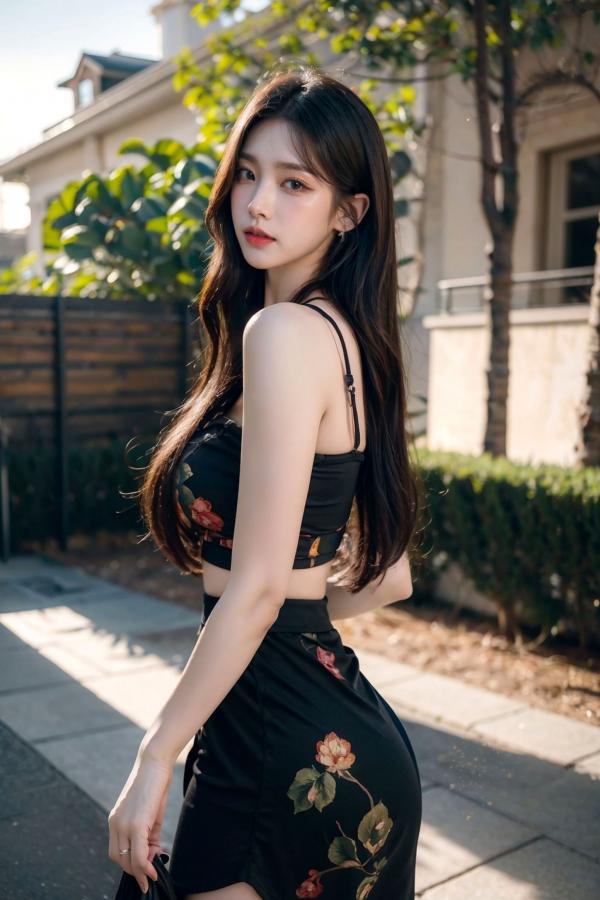   AI美女-拟实-印花抹胸黑短裙时尚修身户外性感街拍写真第17张图片
