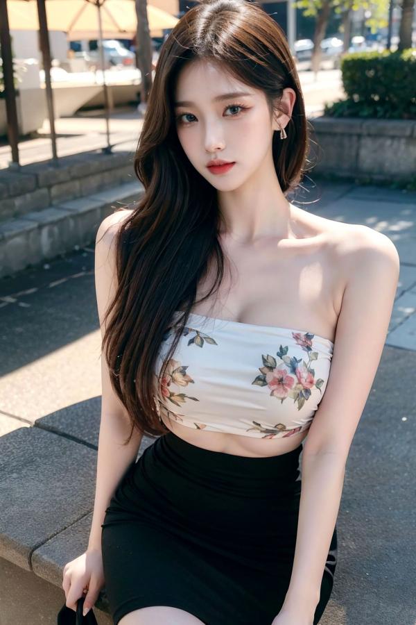   AI美女-拟实-印花抹胸黑短裙时尚修身户外性感街拍写真第23张图片
