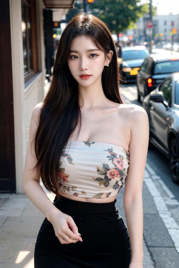   AI美女-拟实-印花抹胸黑短裙时尚修身户外性感街拍写真第25张图片