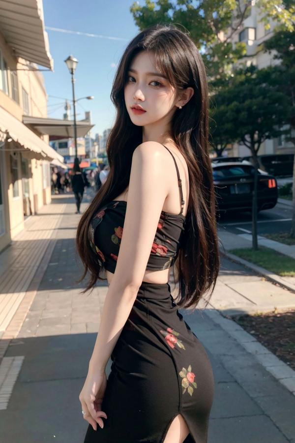   AI美女-拟实-印花抹胸黑短裙时尚修身户外性感街拍写真第28张图片