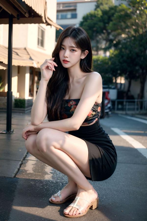   AI美女-拟实-印花抹胸黑短裙时尚修身户外性感街拍写真第42张图片