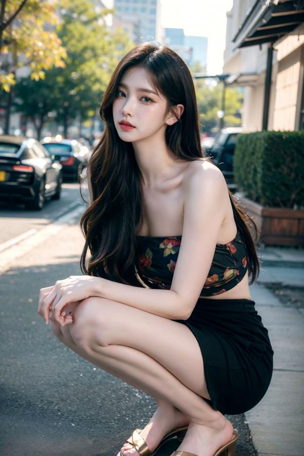   AI美女-拟实-印花抹胸黑短裙时尚修身户外性感街拍写真第61张图片