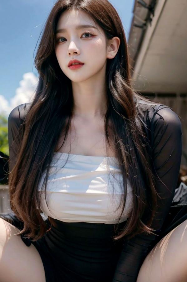   AI美女-拟实-印花抹胸黑短裙时尚修身户外性感街拍写真第75张图片