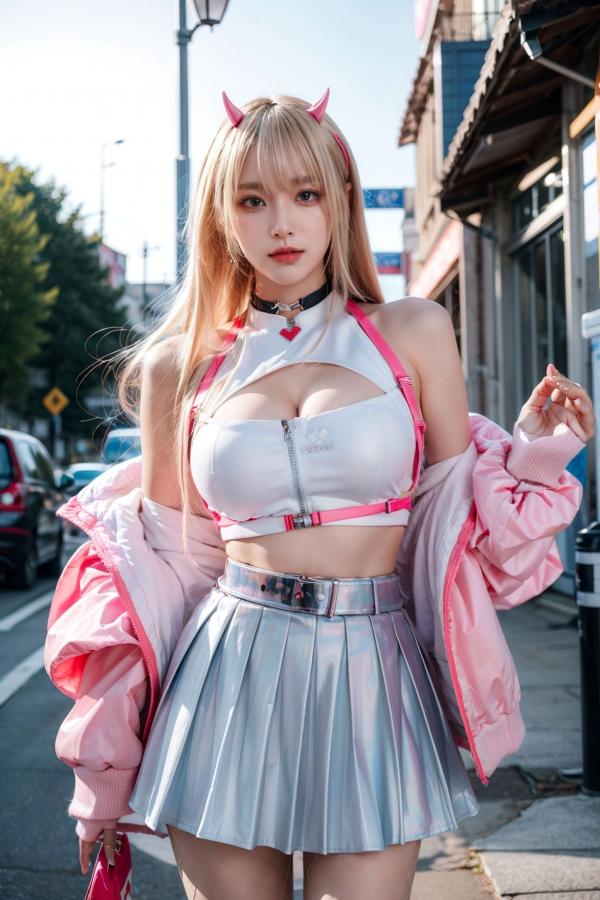   AI美女-拟实-粉衣银色短裙小恶魔-街头户外潮流角色扮演纯净版写真第10张图片