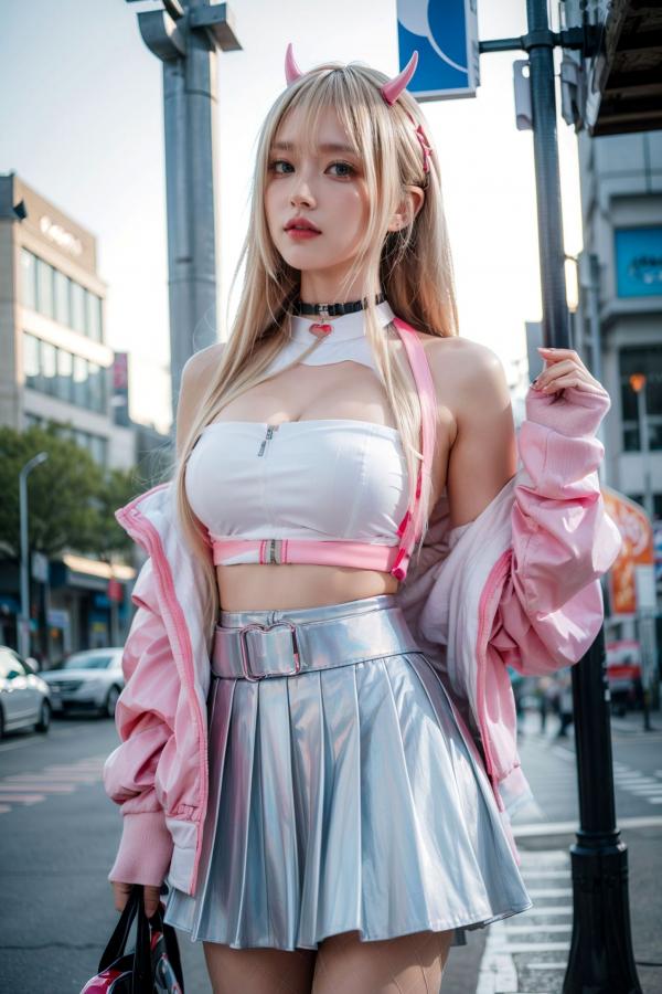   AI美女-拟实-粉衣银色短裙小恶魔-街头户外潮流角色扮演纯净版写真第14张图片