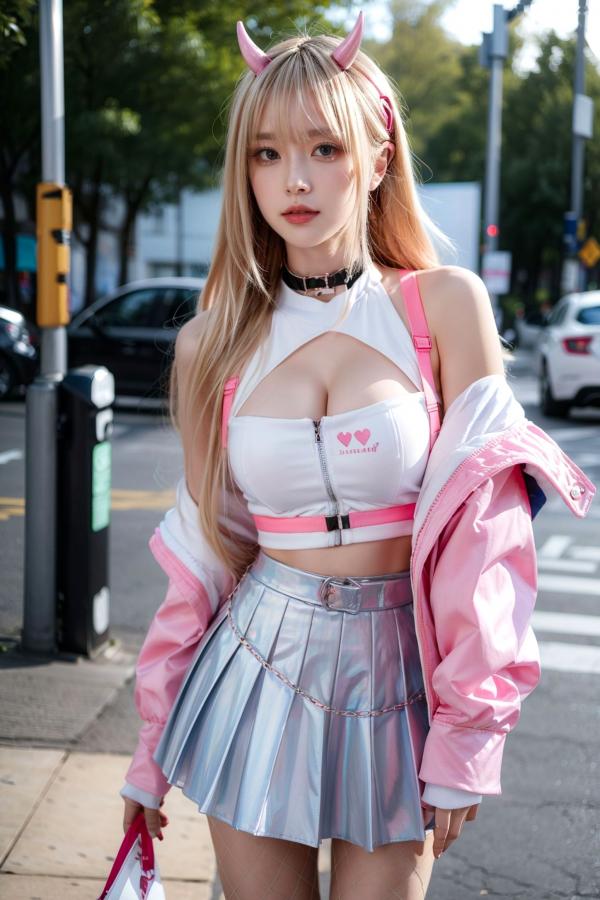   AI美女-拟实-粉衣银色短裙小恶魔-街头户外潮流角色扮演纯净版写真第16张图片