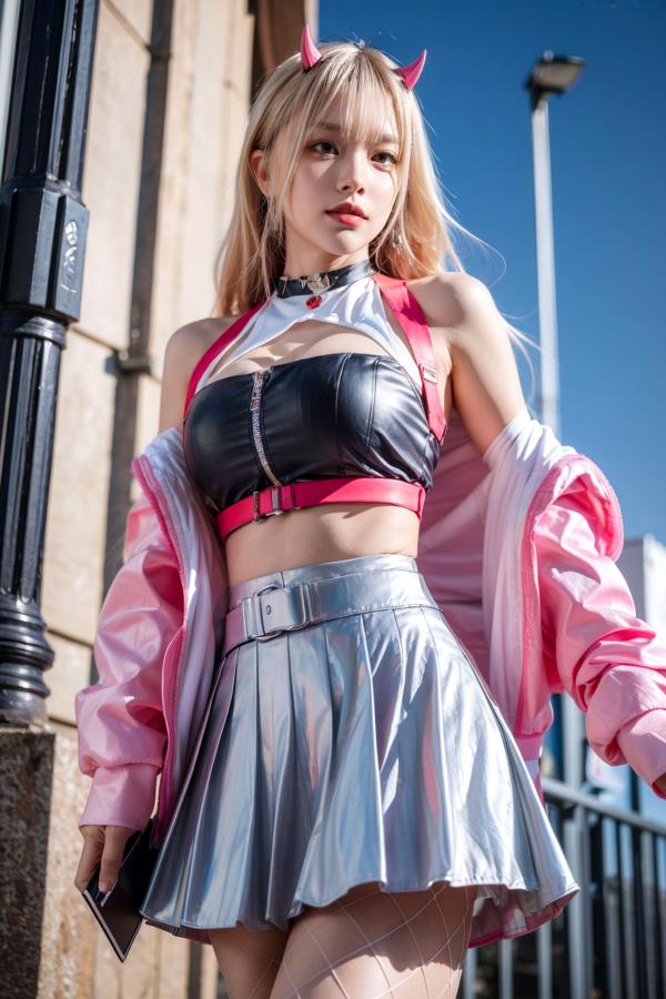   AI美女-拟实-粉衣银色短裙小恶魔-街头户外潮流角色扮演纯净版写真第47张图片
