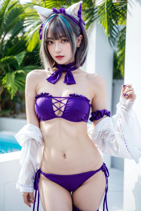   AI美女-拟实-紫色比基尼兽耳泳池场景 户外角色扮演性感写真第1张图片