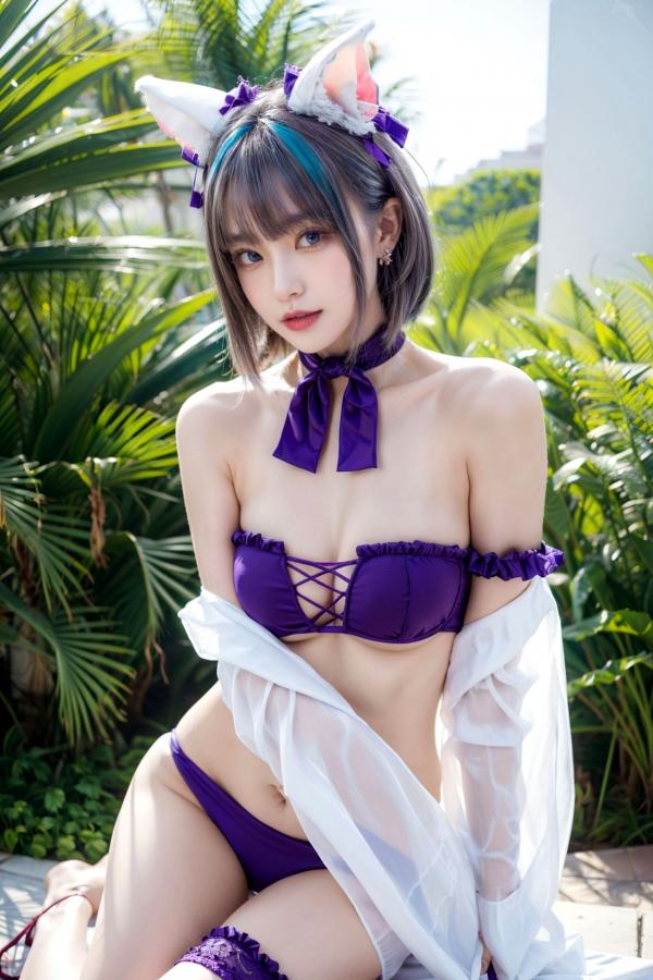   AI美女-拟实-紫色比基尼兽耳泳池场景 户外角色扮演性感写真第3张图片