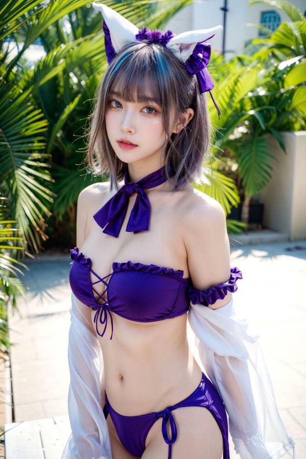   AI美女-拟实-紫色比基尼兽耳泳池场景 户外角色扮演性感写真第7张图片