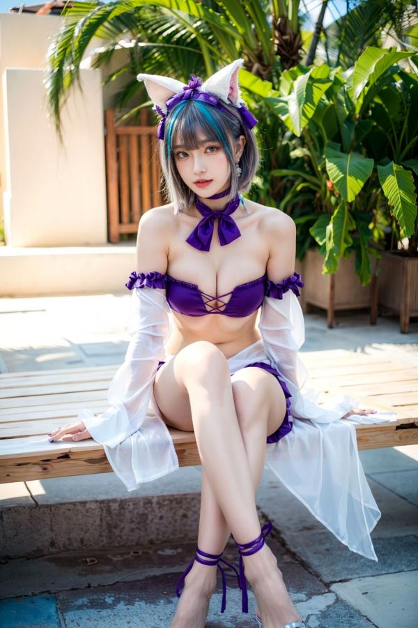   AI美女-拟实-紫色比基尼兽耳泳池场景 户外角色扮演性感写真第8张图片