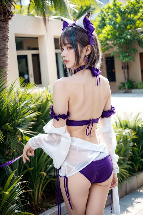   AI美女-拟实-紫色比基尼兽耳泳池场景 户外角色扮演性感写真第9张图片