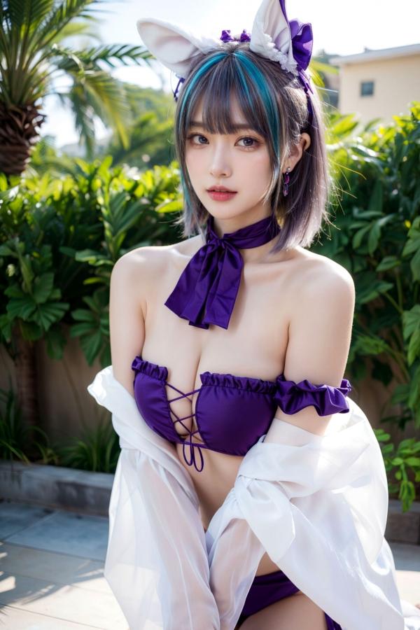   AI美女-拟实-紫色比基尼兽耳泳池场景 户外角色扮演性感写真第11张图片