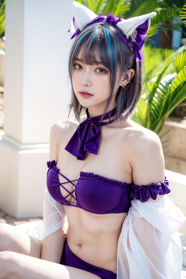   AI美女-拟实-紫色比基尼兽耳泳池场景 户外角色扮演性感写真第14张图片