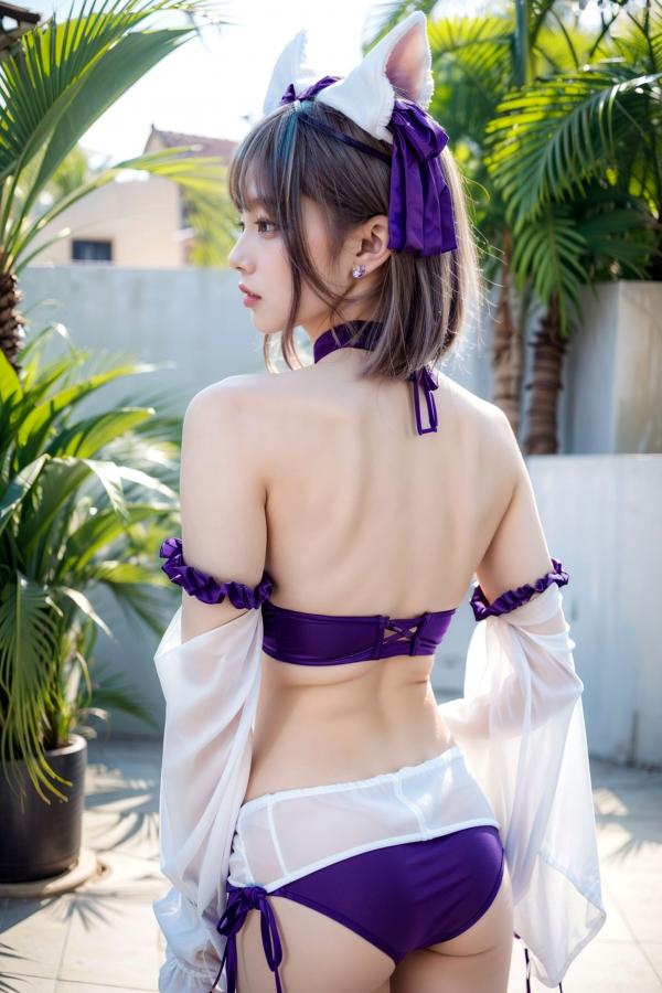   AI美女-拟实-紫色比基尼兽耳泳池场景 户外角色扮演性感写真第18张图片