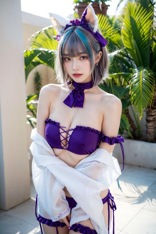   AI美女-拟实-紫色比基尼兽耳泳池场景 户外角色扮演性感写真第20张图片