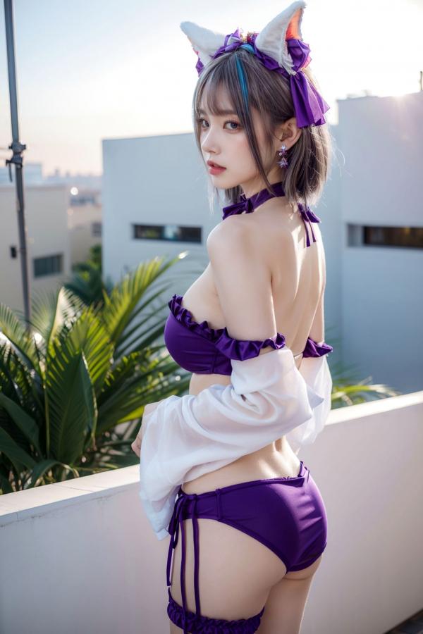   AI美女-拟实-紫色比基尼兽耳泳池场景 户外角色扮演性感写真第24张图片