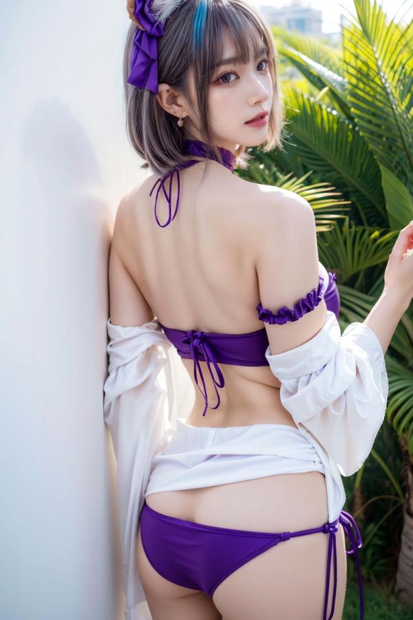   AI美女-拟实-紫色比基尼兽耳泳池场景 户外角色扮演性感写真第39张图片