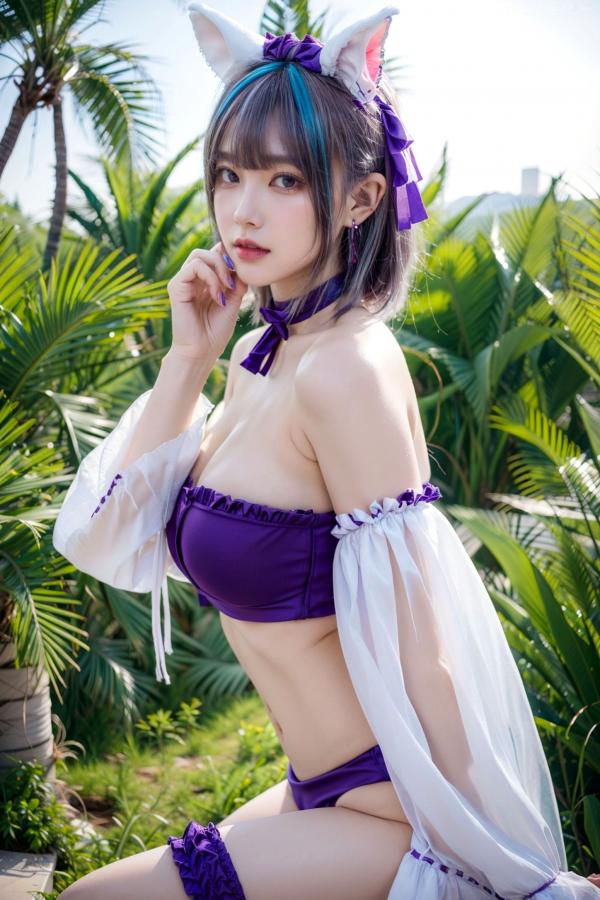   AI美女-拟实-紫色比基尼兽耳泳池场景 户外角色扮演性感写真第40张图片