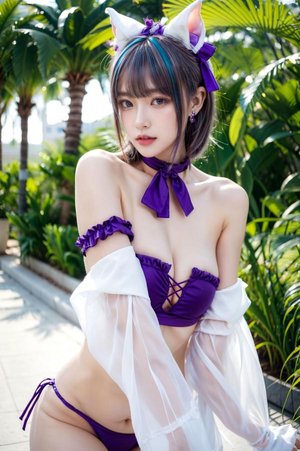   AI美女-拟实-紫色比基尼兽耳泳池场景 户外角色扮演性感写真第44张图片