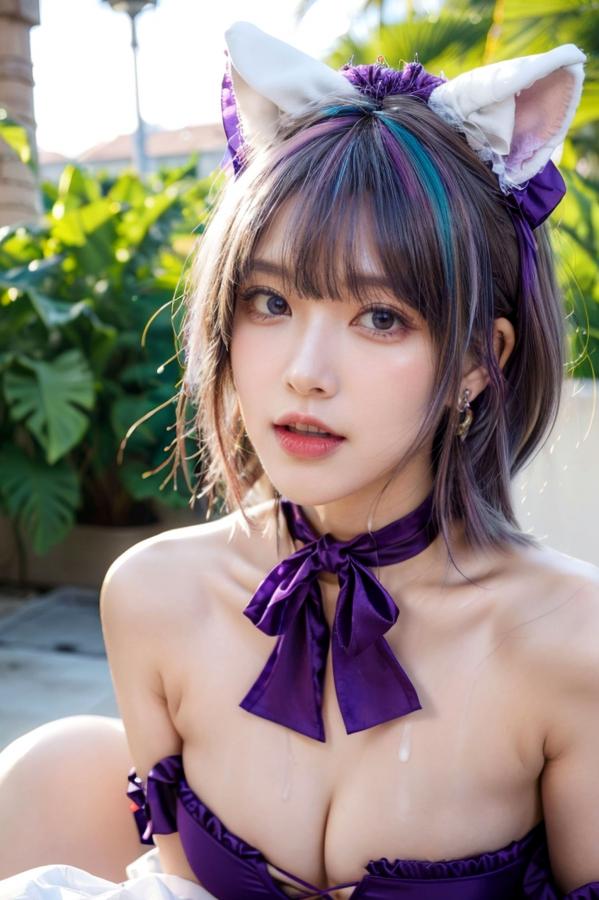   AI美女-拟实-紫色比基尼兽耳泳池场景 户外角色扮演性感写真第71张图片
