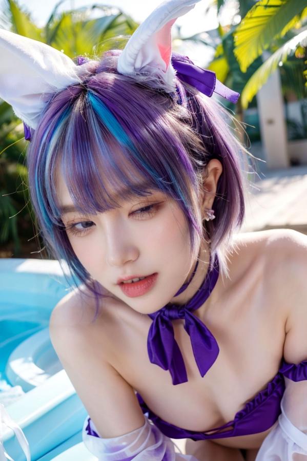   AI美女-拟实-紫色比基尼兽耳泳池场景 户外角色扮演性感写真第76张图片