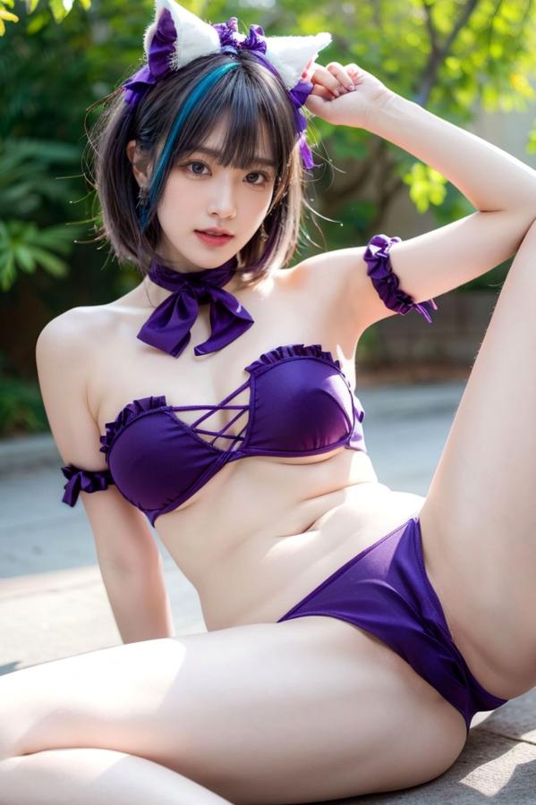   AI美女-拟实-紫色比基尼兽耳泳池场景 户外角色扮演性感写真第80张图片