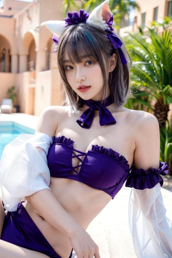   AI美女-拟实-紫色比基尼兽耳泳池场景 户外角色扮演性感写真第82张图片