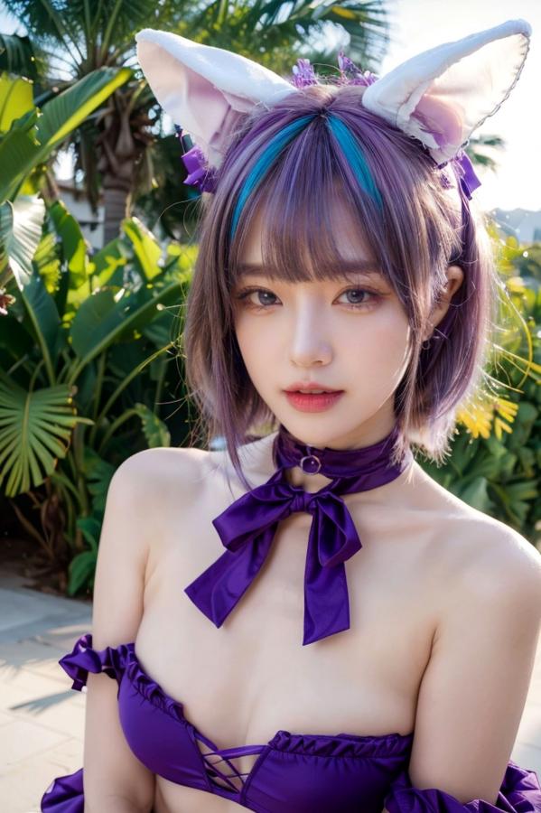   AI美女-拟实-紫色比基尼兽耳泳池场景 户外角色扮演性感写真第83张图片