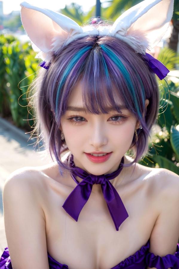   AI美女-拟实-紫色比基尼兽耳泳池场景 户外角色扮演性感写真第87张图片
