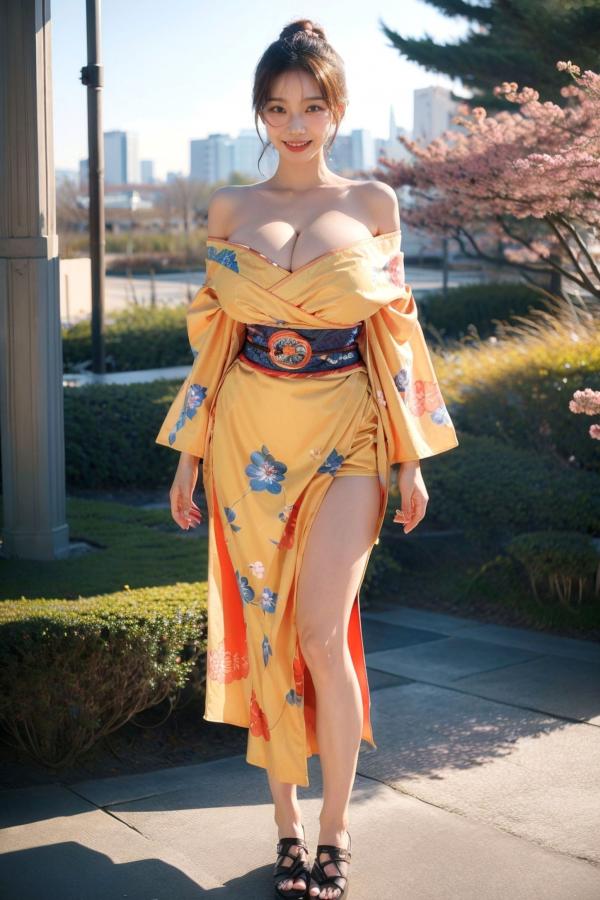   AI美女-拟实-橘黄忍者服街拍 阳光户外和服写真 极品丰满曲线诱惑第7张图片
