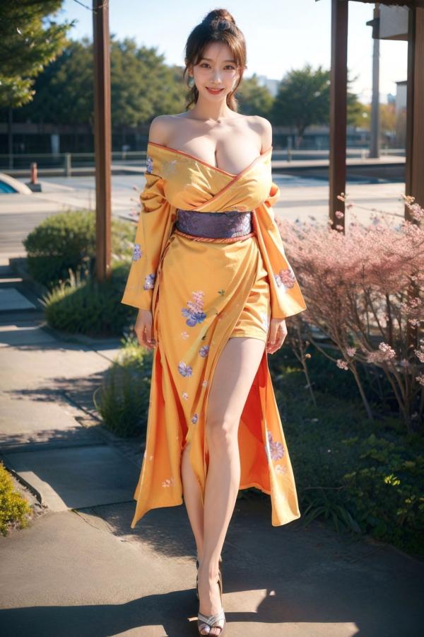   AI美女-拟实-橘黄忍者服街拍 阳光户外和服写真 极品丰满曲线诱惑第9张图片