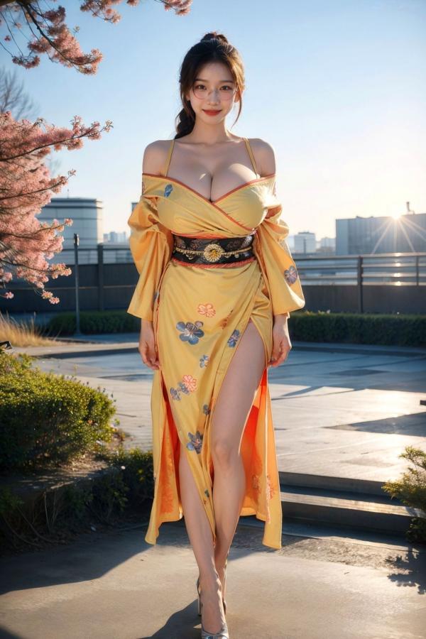   AI美女-拟实-橘黄忍者服街拍 阳光户外和服写真 极品丰满曲线诱惑第16张图片