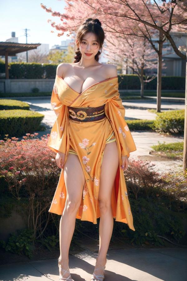   AI美女-拟实-橘黄忍者服街拍 阳光户外和服写真 极品丰满曲线诱惑第37张图片
