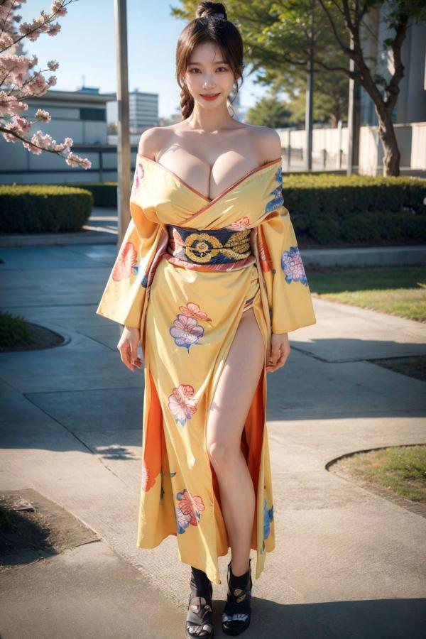   AI美女-拟实-橘黄忍者服街拍 阳光户外和服写真 极品丰满曲线诱惑第45张图片
