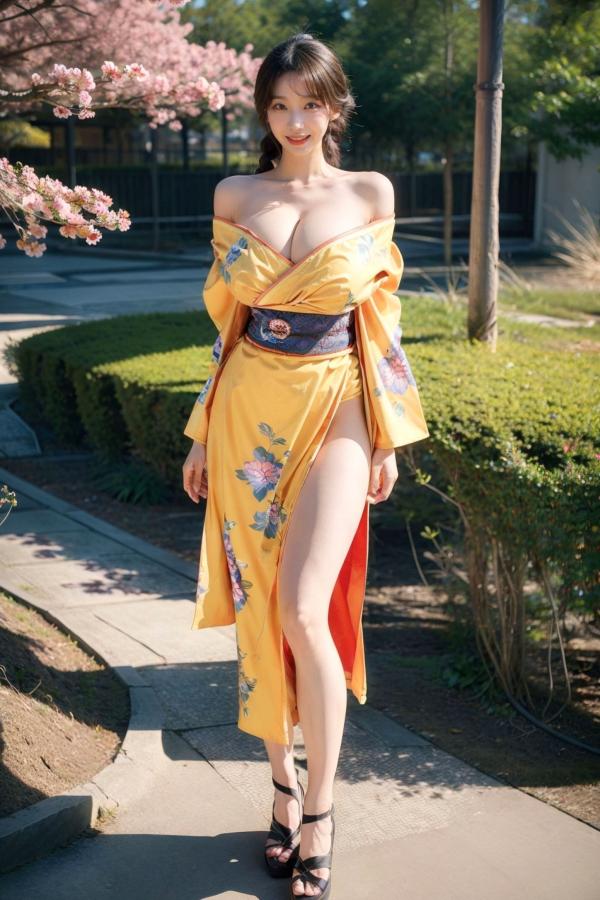   AI美女-拟实-橘黄忍者服街拍 阳光户外和服写真 极品丰满曲线诱惑第49张图片