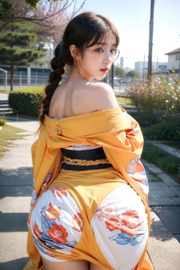   AI美女-拟实-橘黄忍者服街拍 阳光户外和服写真 极品丰满曲线诱惑第54张图片