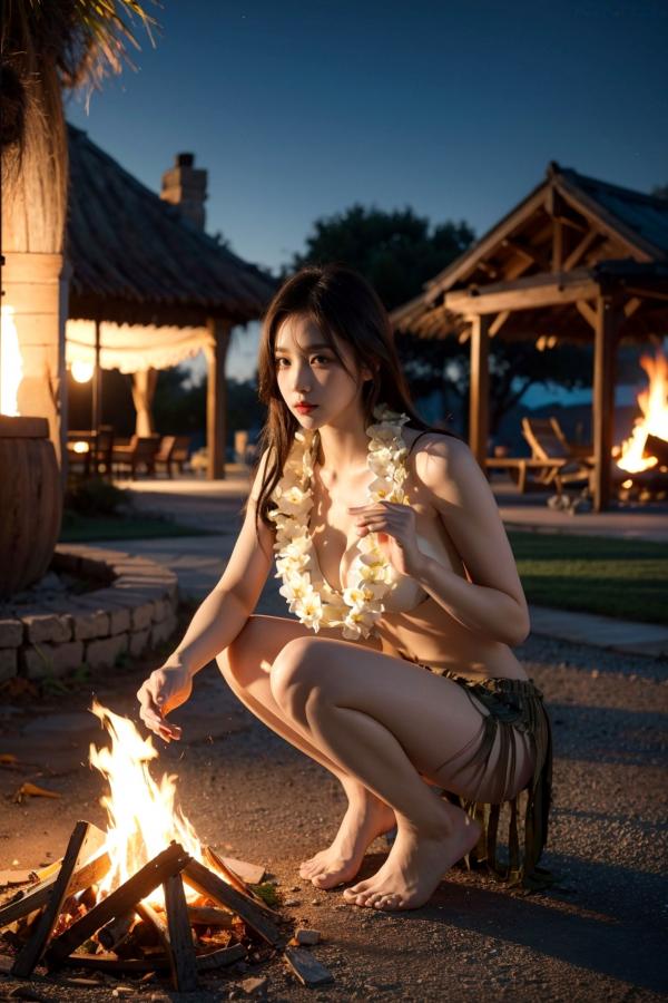   AI美女-拟实-夏威夷草裙花环少女篝火夜 热带风情户外夜景性感野性极品女神写真第4张图片