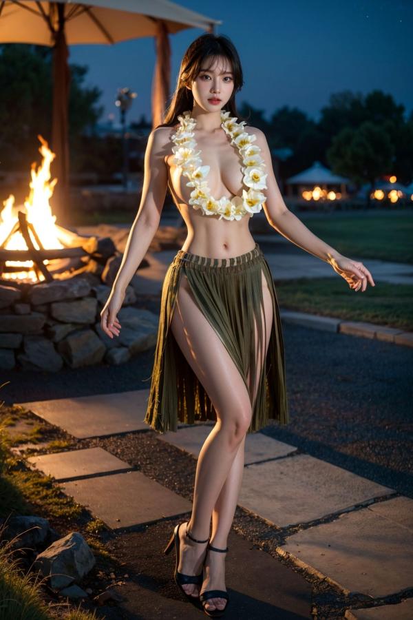   AI美女-拟实-夏威夷草裙花环少女篝火夜 热带风情户外夜景性感野性极品女神写真第5张图片